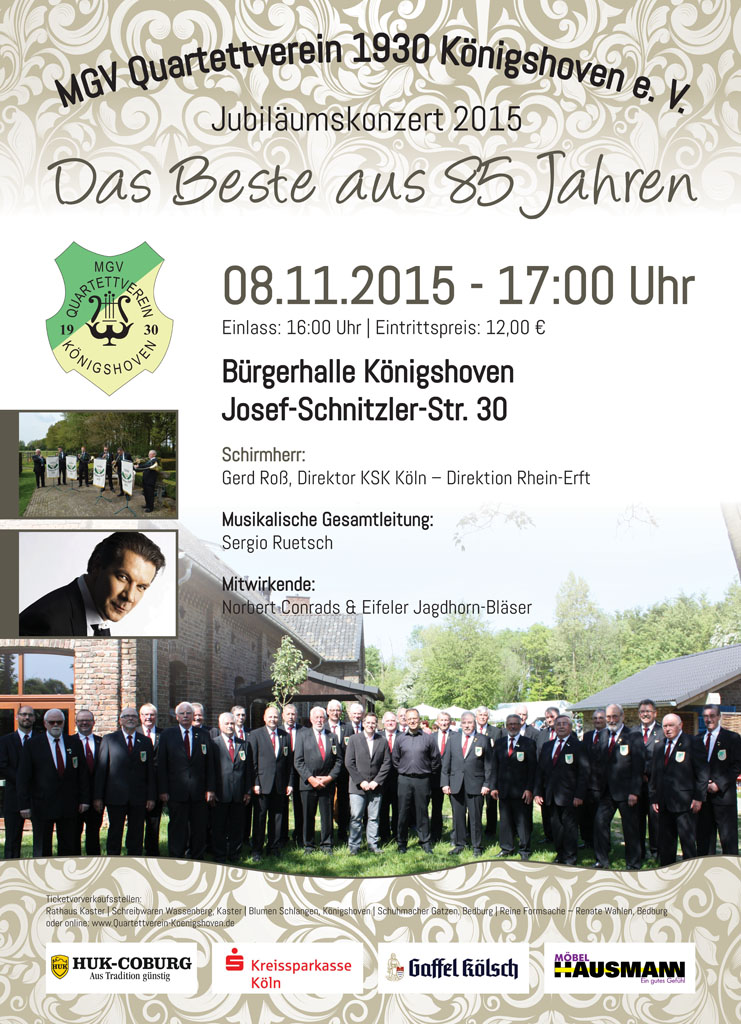 Plakat zum Jubiläumskonzert 2015 am 8. November 2015, 17:00 Uhr in der Bürgerhalle Königshoven