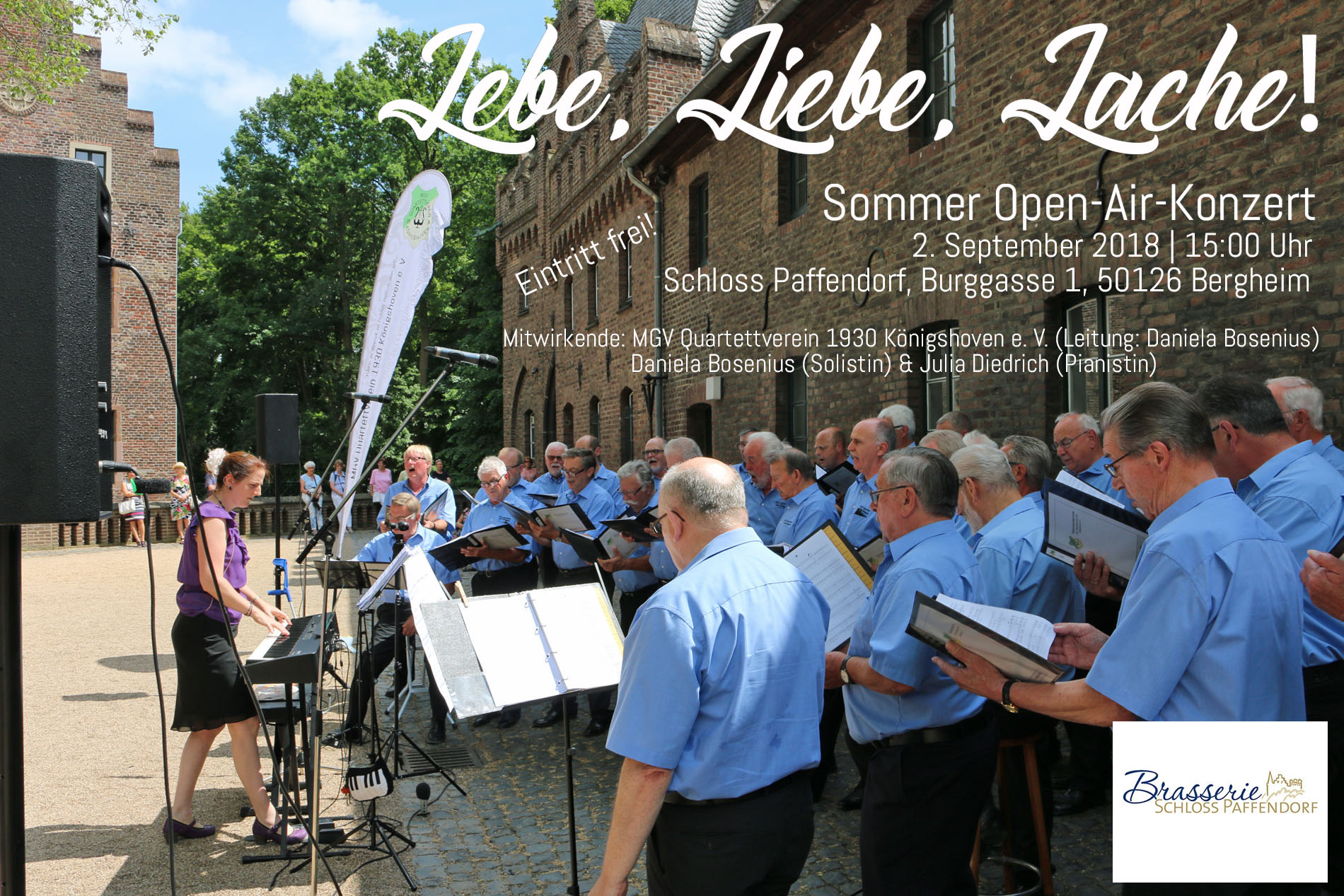 Für den 2. September 2018, 15:00 Uhr, lädt der MGV Quartettverein Königshoven zum inzwischen schon traditionellen Sommer Open-Air-Konzert unter dem Motto "Lebe, Liebe, Lache!" auf Schloss Paffendorf nach Bergheim ein. (Foto: Bastian Schlößer)