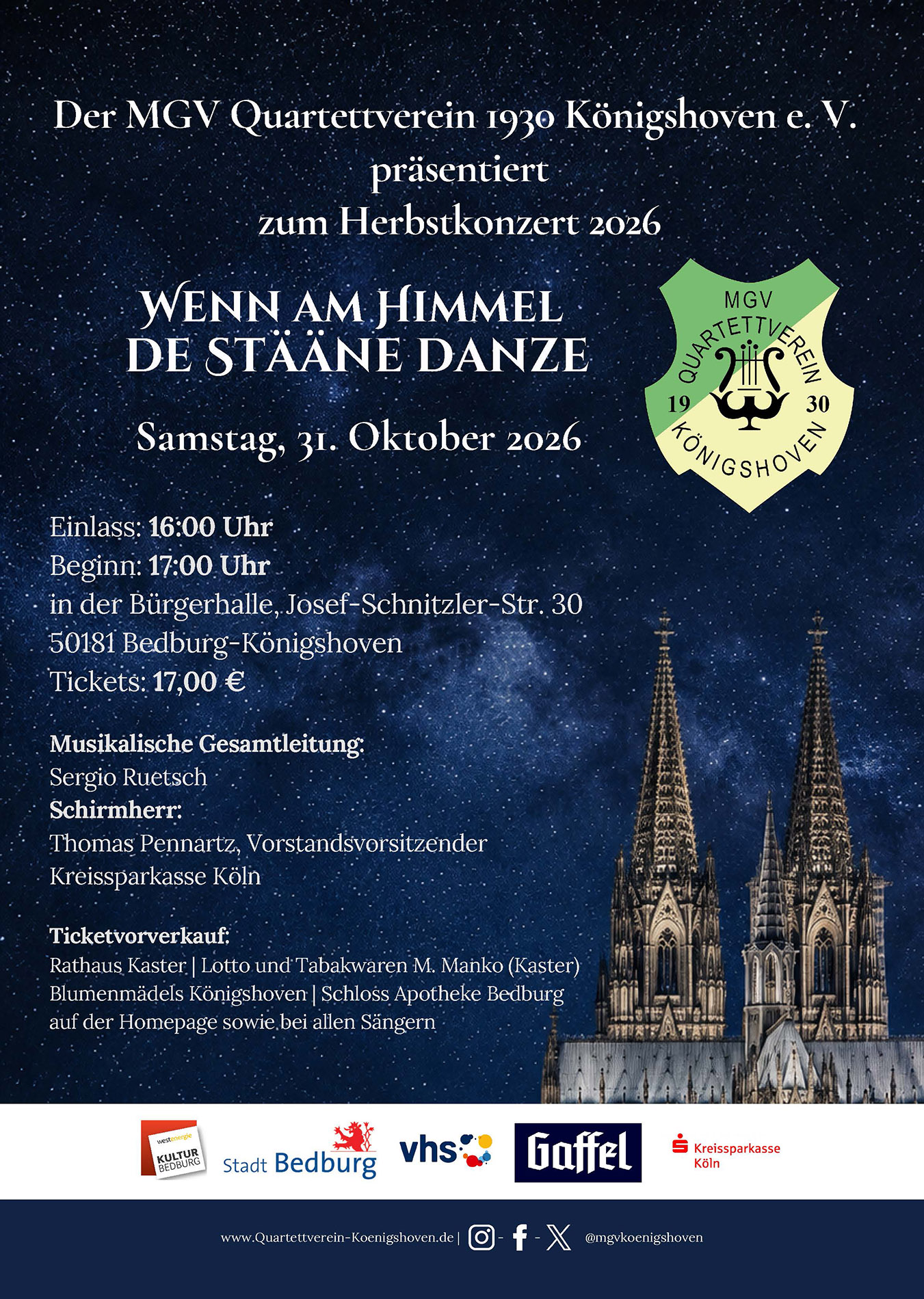 Der MGV Quartettverein 1930 Königshoven e. V. lädt am 31. Oktober 2026 zum Herbstkonzert in die Bürgerhalle Königshoven ein.